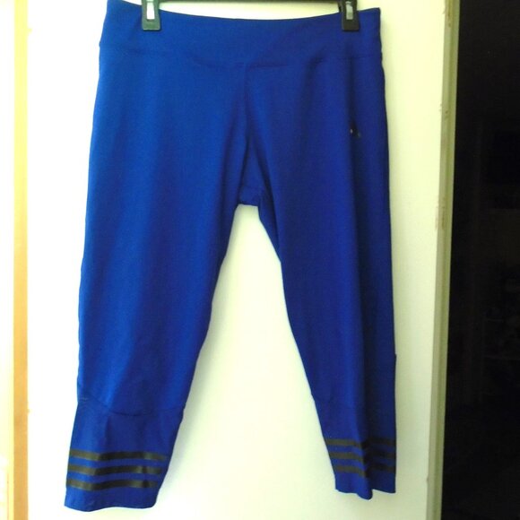 ADIDAS CLIMALITE BLUE WITH BLACK STRIPES CROPPED LEGGINGS CAPRIS WOMENS SIZE L - Picture 1 of 13